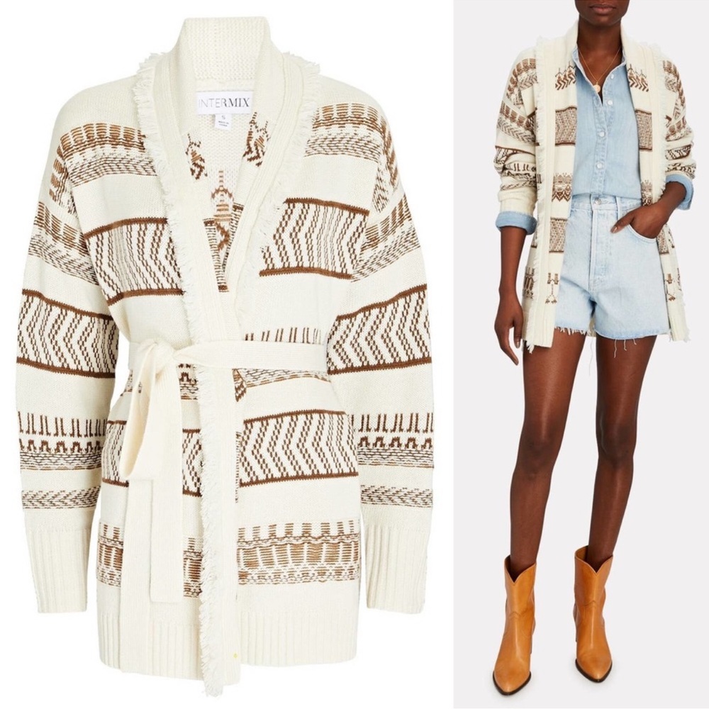 Intermix Cardigan Rumor Striped Fringed Wool Wrap Neutral New Small